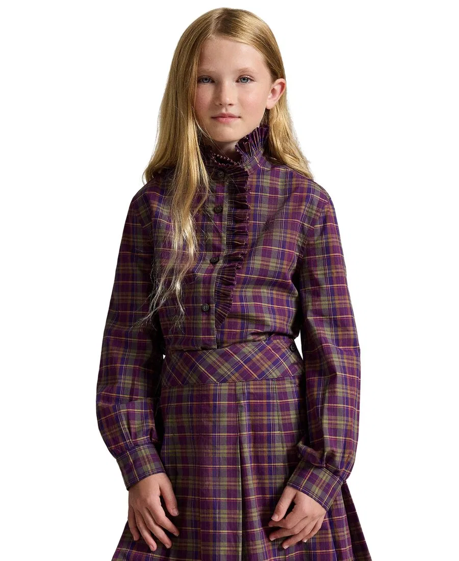 Блуза из хлопкового поплина с воланами и плиссированным принтом, модель Plaid Ruffled Cotton Poplin Top Polo Ralph Lauren, Purple-Green Multi Plaid — фото 3