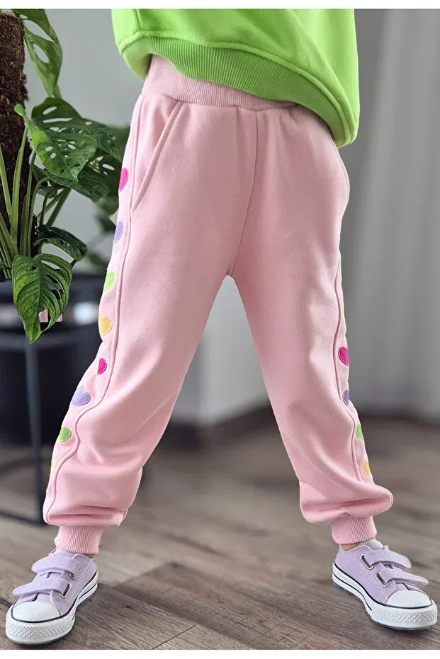 Детские спортивные штаны для девочек с принтом Colorful hearts embroidered Balkabaği, Pink — фото 2