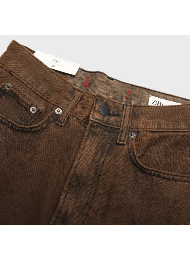 Джинсы прямые винтажные с эффектом потертости Zara, коричневый — фото 4