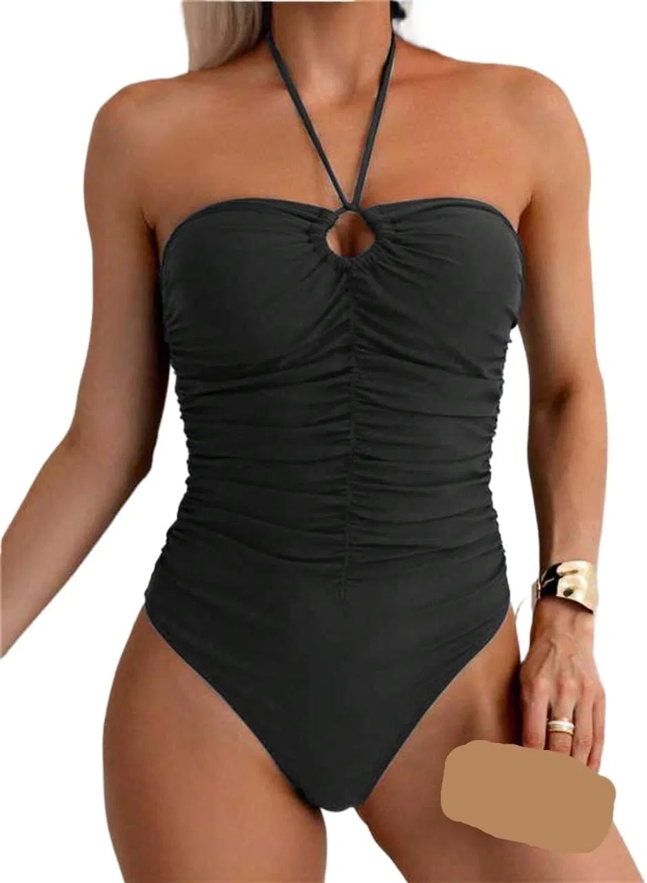 Женское слитное платье-купальник без спинки, модель Elegant Solid Color Bandeau, чёрный