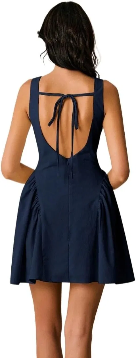 Женское повседневное платье с завязками на спине, Navy Blue