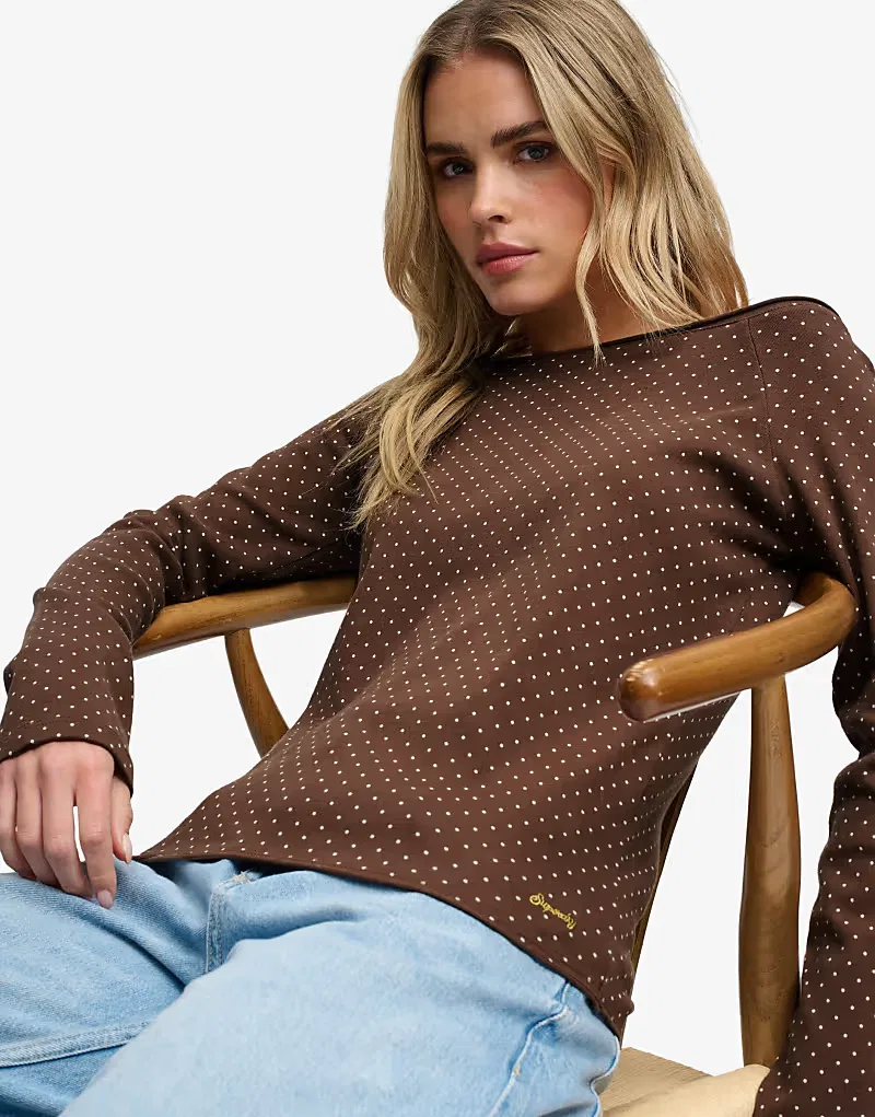Топ Superdry Bardot с открытыми плечами в каштаново-коричневый горошек