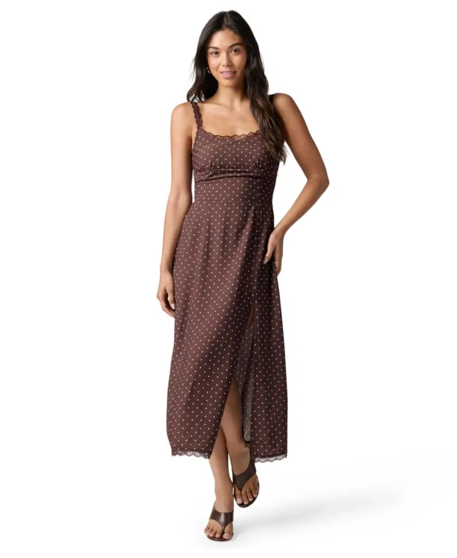 Платье-комбинация миди с разрезом, модель Scoop Neck Midi Slip Dress FLORENCE BY MILLS, Brown Polkadot