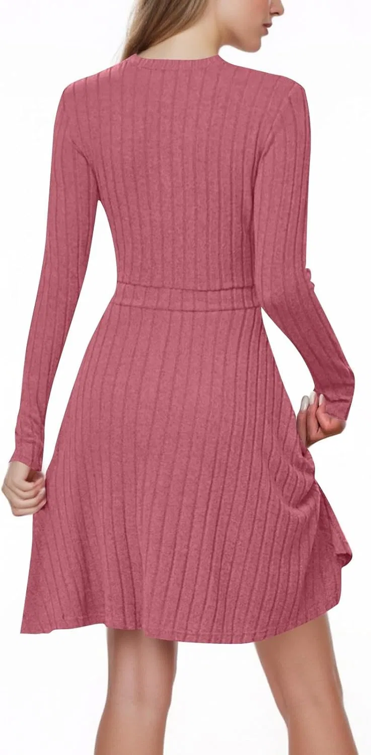 Женское A-силуэта вязаное платье с V-образным вырезом, Hot Pink — фото 4