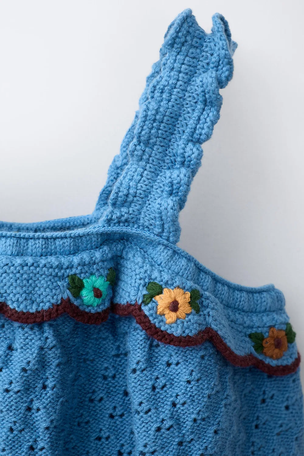 Вязаный топ с оборками и вышивкой из смеси хлопка и льна. ZARA, Bluish — фото 3