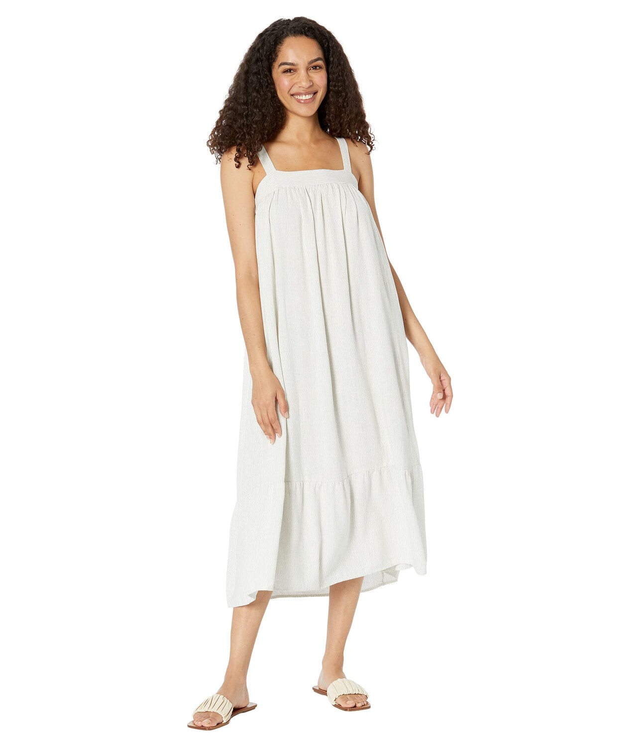 

Платье Mod-o-doc, Linen Blend Pinstripe Sleeveless Babydoll Ruffle Hem Dress