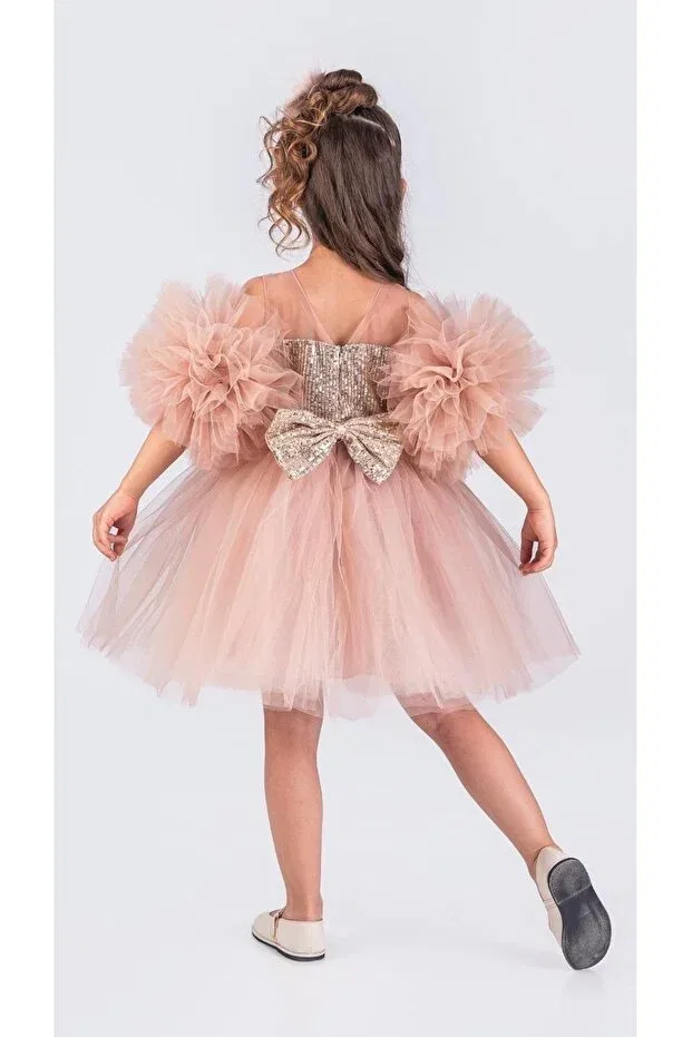Детское платье для девочек с длинным рукавом Pompom sleeves sequined tutu girl's evening dress Little Pumpkin, Pink — фото 3