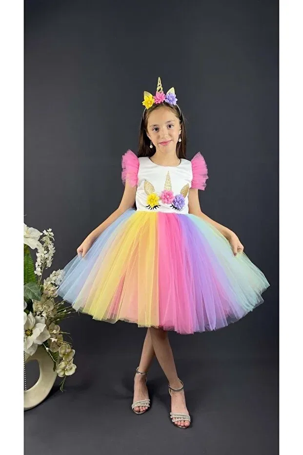 Детское платье для девочек с принтом Girl'S Crowned Dress With Colorful Tutu Skirt S.T. Sebat Tekstil, Pink