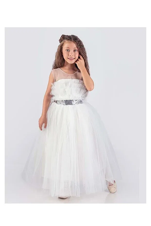 Детское платье для девочек сатиновое Sapes model back gipeli tulle girls' strappy satin evening dress mnk0618 Mnk Baby&Kids, White — фото 3
