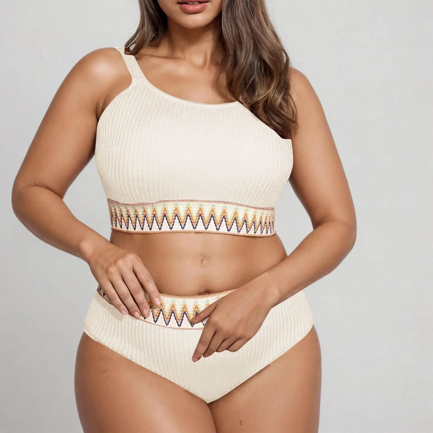 Женский бикини-комплект высокой посадки с утяжкой живота Plus Size, White — фото 3