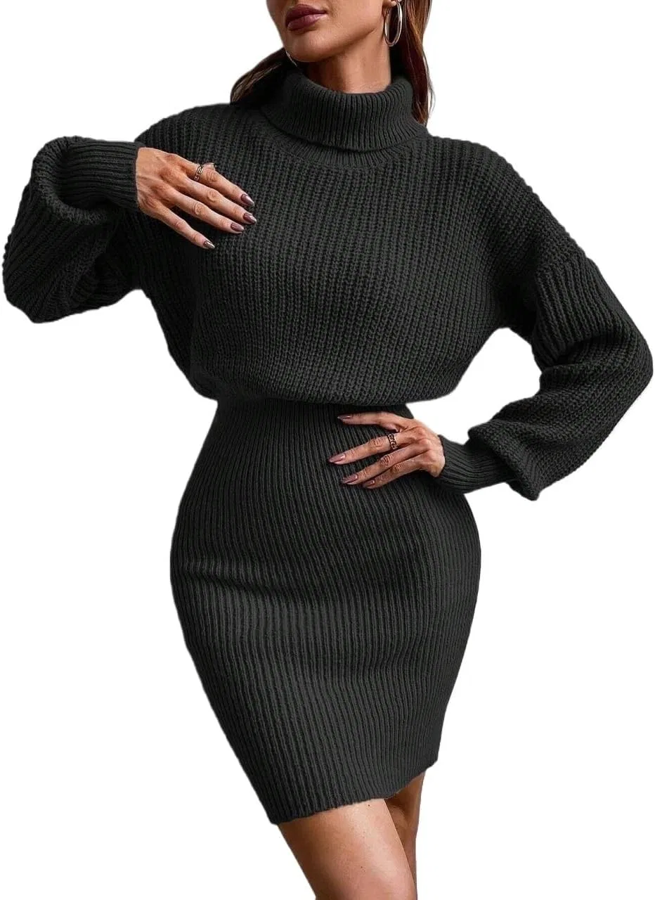 Женское платье-свитер с высоким воротником Drop Shoulder, Black