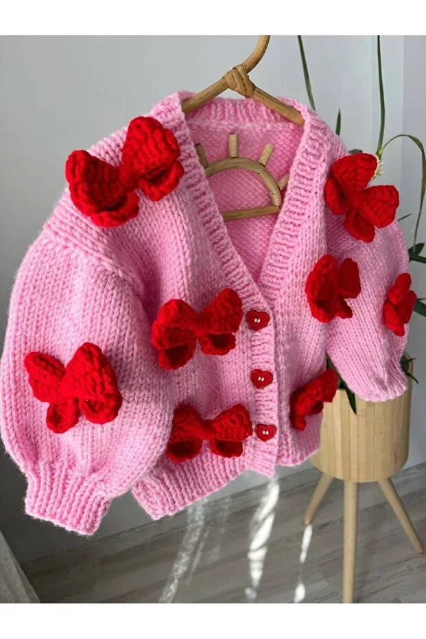 Детский кардиган для девочек с принтом Ribbon Detailed Hand Knitted Girl's Cardigan El Örgüsü, Pink — фото 2