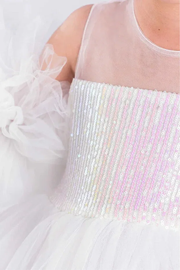 Детское платье для девочек с пайетками Pompom Sleeves And Sequined Tutu Vestitino, White — фото 3