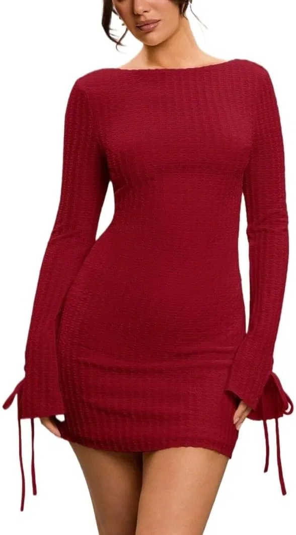 Женское облегающее платье с открытой спиной Long Sleeve Backless Crewneck, Red
