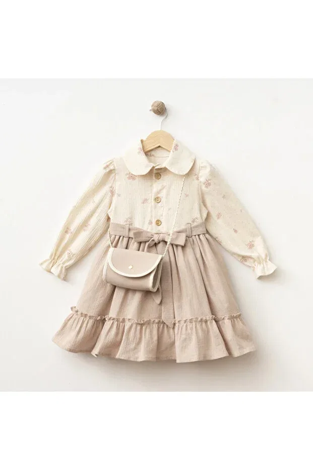 Детское платье для девочек с принтом Eid Special Powder Color Balloon Sleeve Flower Detailed Girl's Dress With Bag Gifts Zehracatasariim, Pink