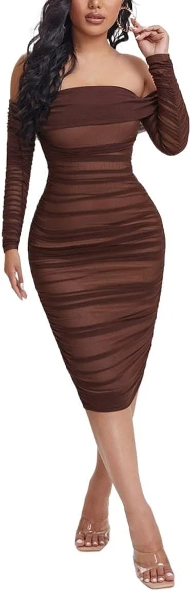 Женское платье миди с открытой спиной Off-Shoulder, Chocolate Brown