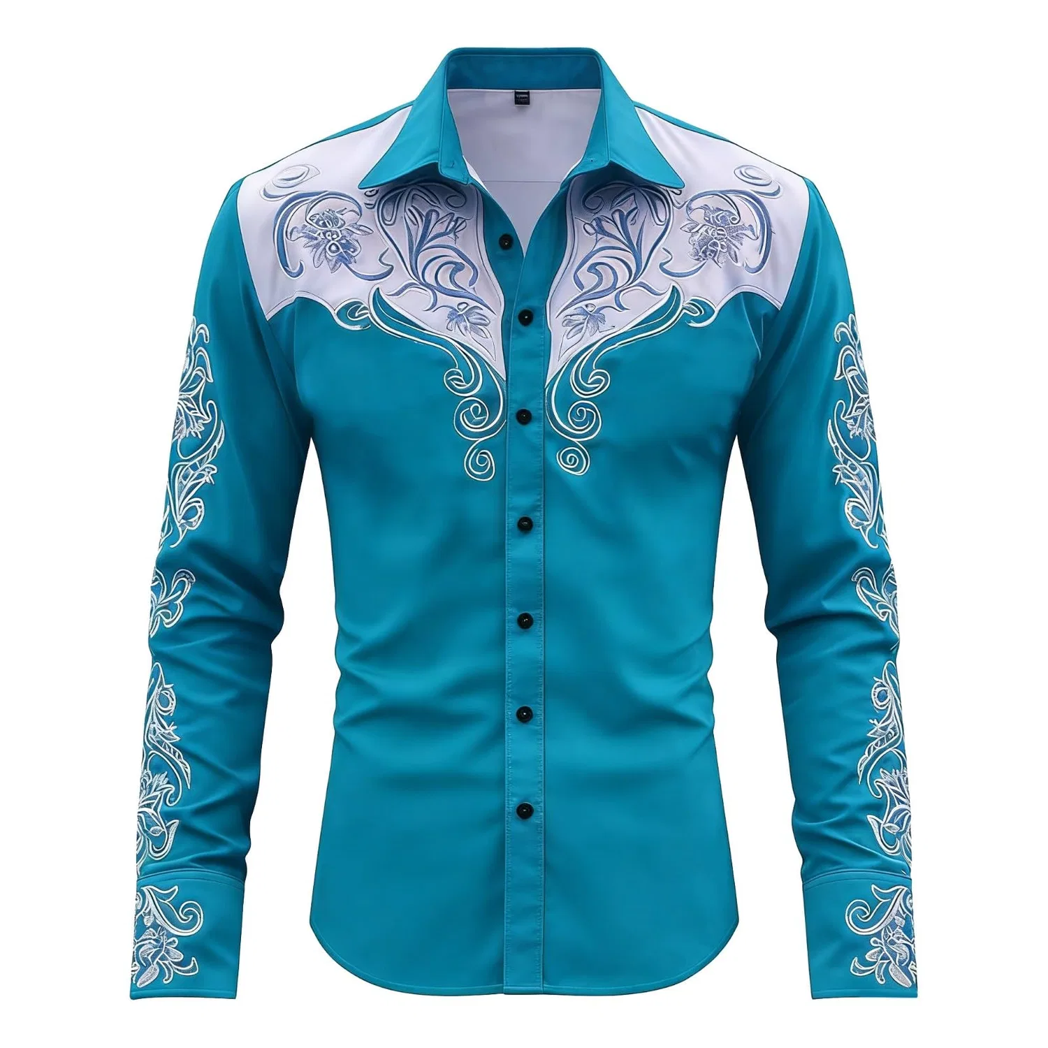 Мужская рубашка с длинным рукавом с вышивкой Western Shirt Cowboy Costume, #016-azzurro — фото 4