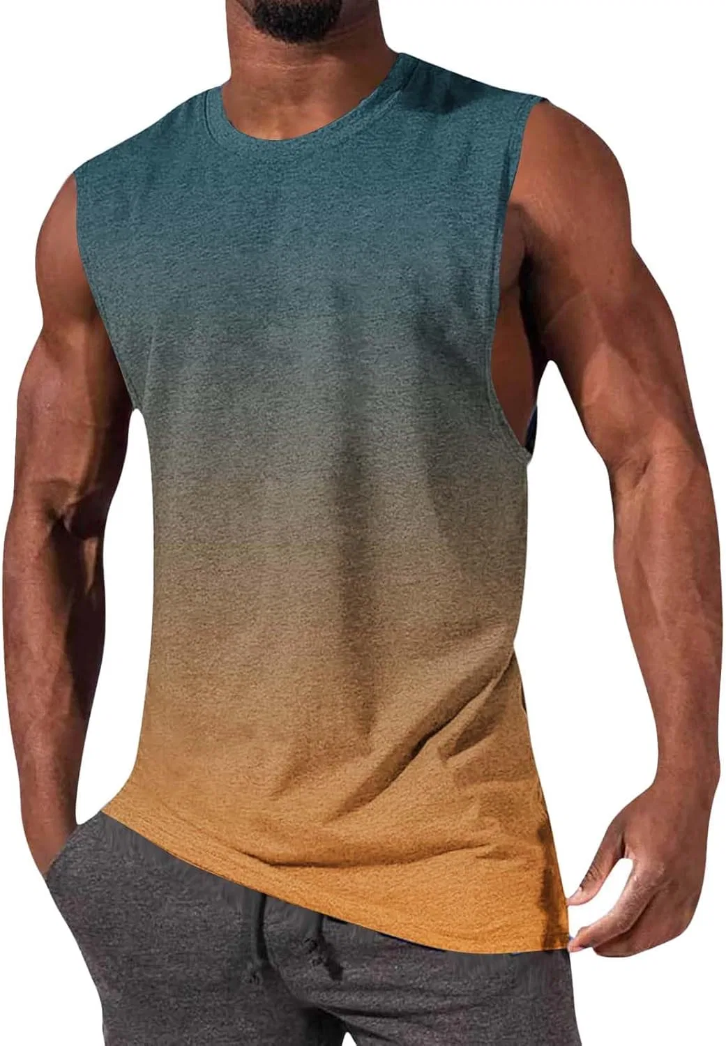 Мужской топ-безрукавка, градиентный, хлопок и лён, зеленый — фото 2