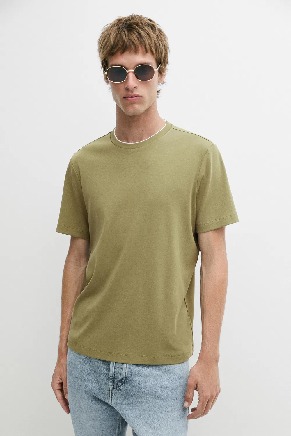 Футболка Massimo Dutti 100% Cotton Layered Collar, зеленый
