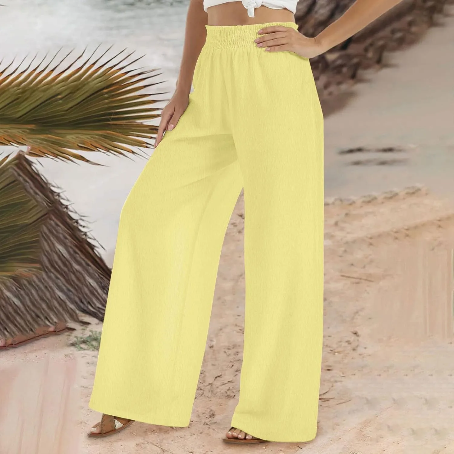 Льняные брюки для женщин Vacation Wide Leg High Waist Palazzo, летние струящиеся пляжные повседневные брюки с карманом Generic, желтый — фото 3