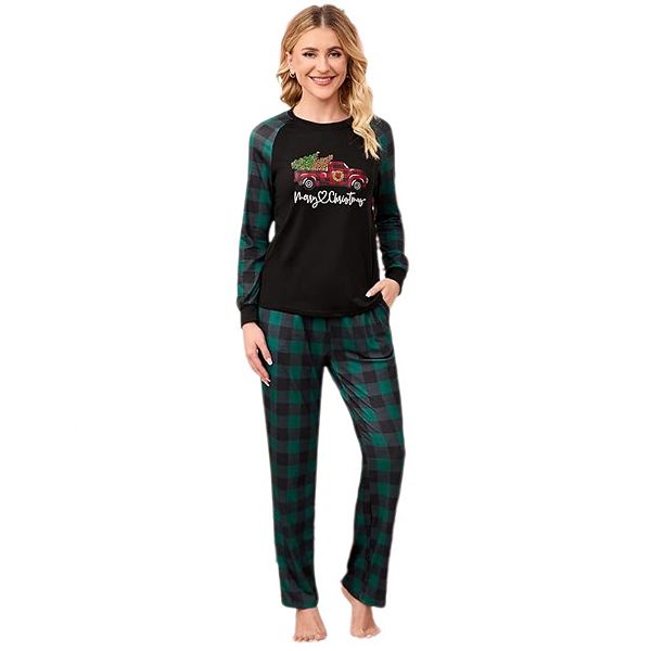 

Женский комплект пижамы с длинным рукавом и клетчатыми брюками Yesfashion, Green Plaid