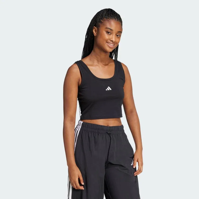 Женская хлопковая майка adidas Essentials с маленьким логотипом, черный/белый — фото 3