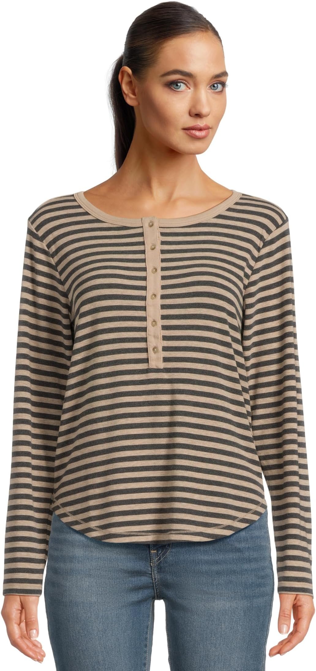 

Женская узкая рубашка с длинным рукавом и воротником-стойкой Mod-o-doc, Dark Oat/Charcoal Stripe