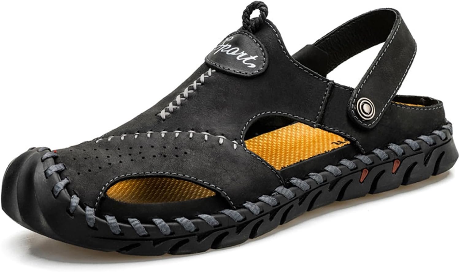 

Мужские летние спортивные сандалии ETORYOOX ручной работы из кожи, с удобным закрытым носком и перфорацией, для улицы, пляжа и повседневного ношения, черный