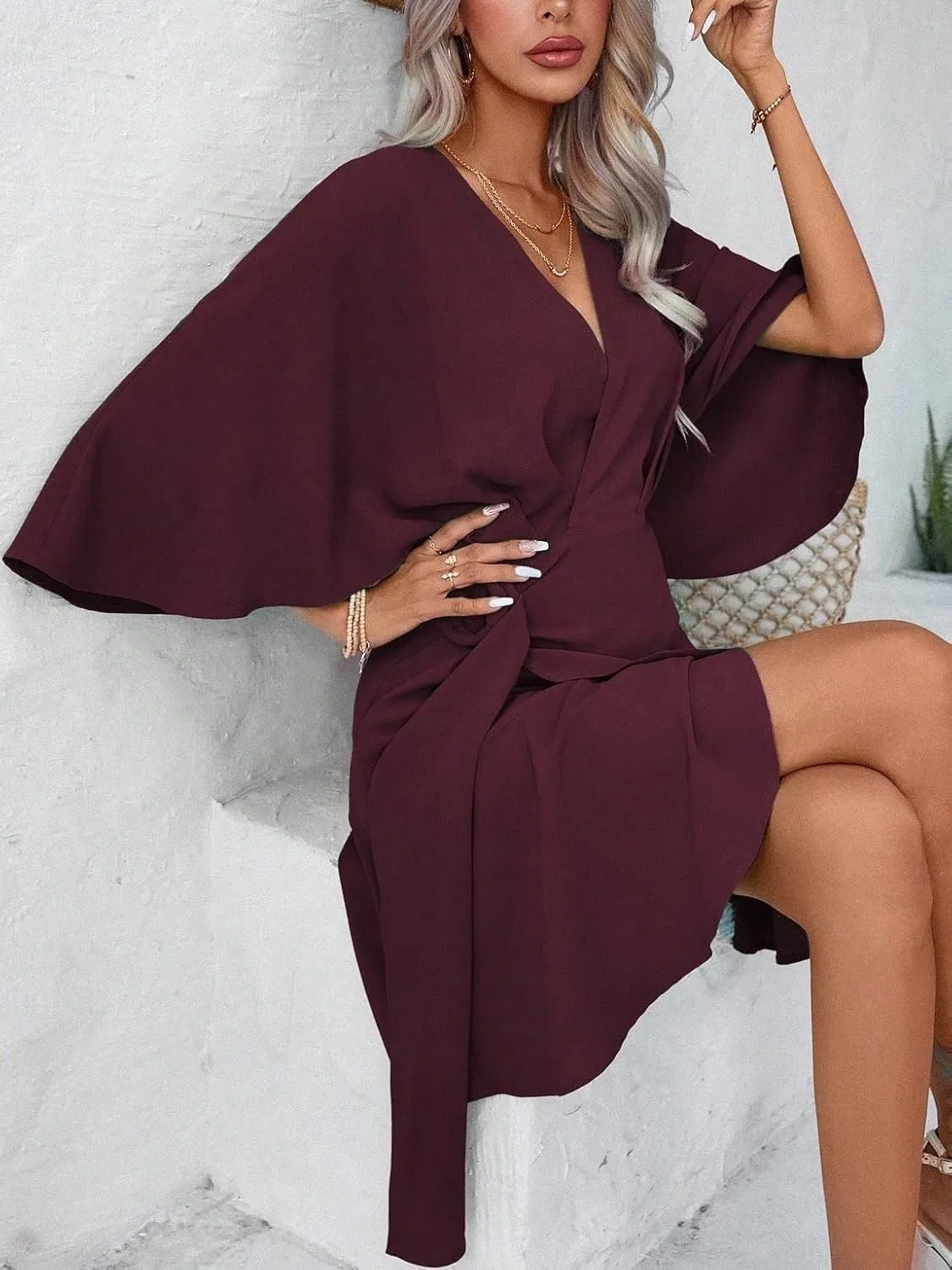 Женское повседневное платье с V-образным вырезом и рукавами-кимоно A-line, Maroon — фото 4