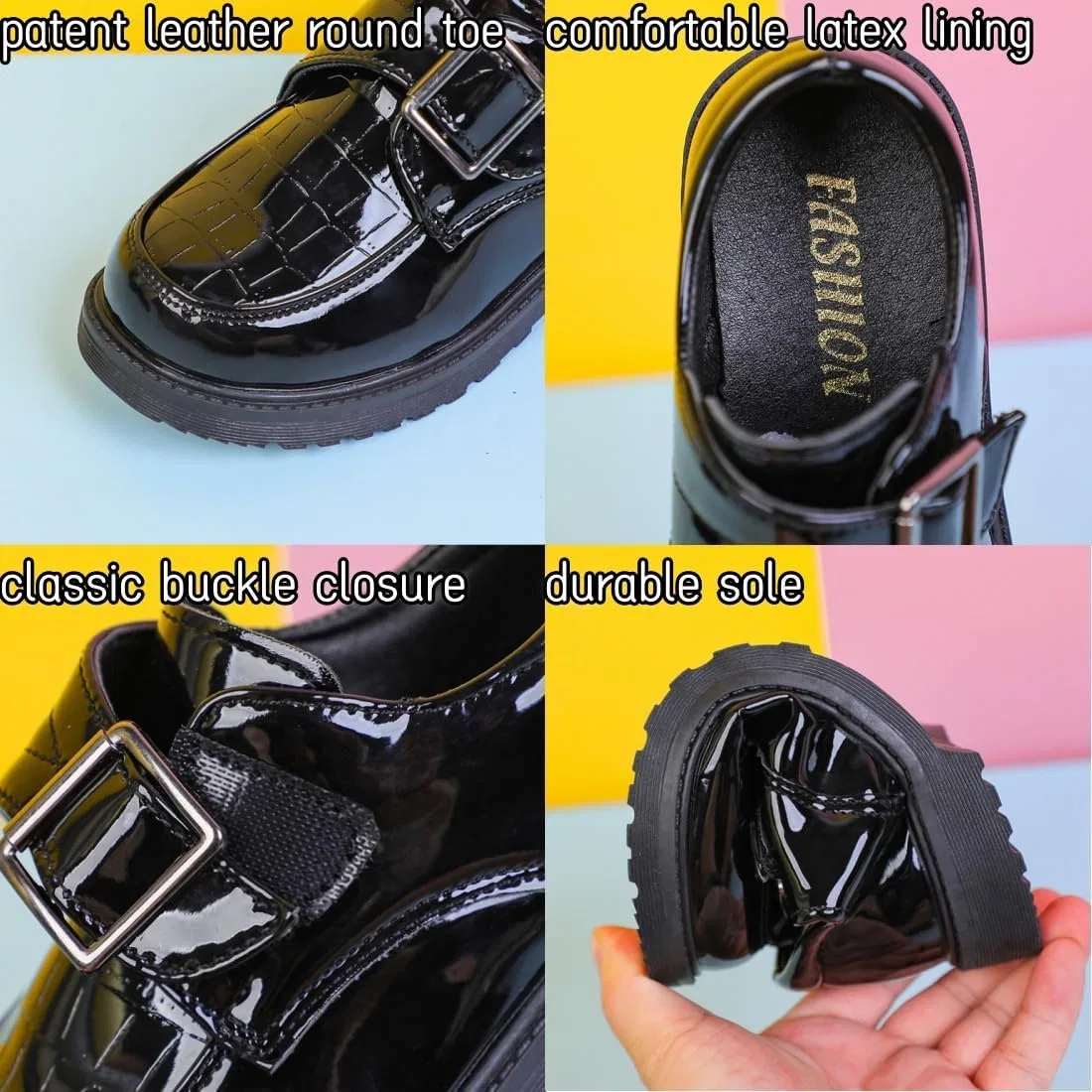 Детские оксфорды из лаковой кожи с ретро-дизайном kkdom, Patent Leather Black — фото 4