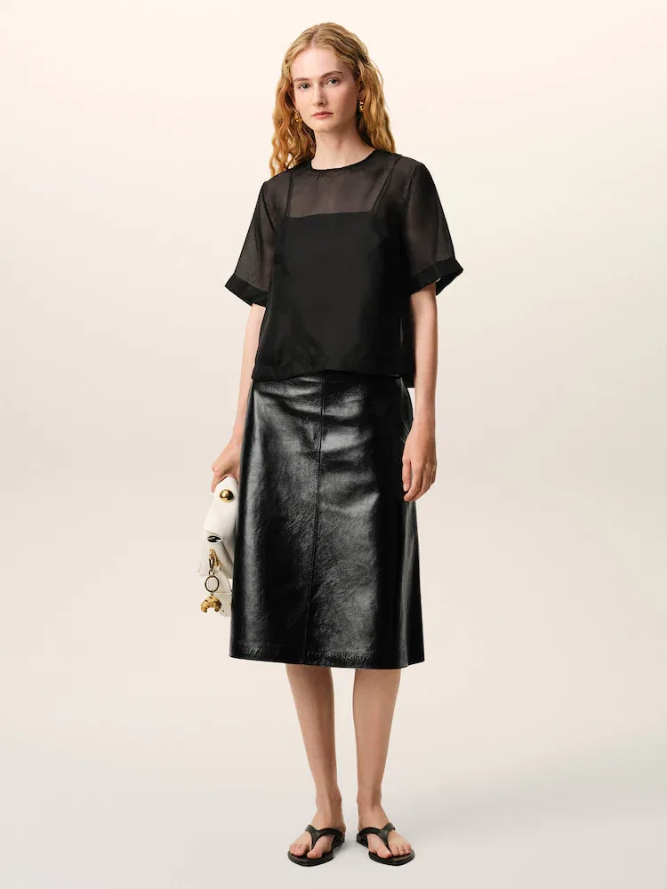 Топ с полупрозрачной тканью и встроенным топом, модель Short Sleeves Sheer Top With Undertop, бренд AMI PARIS, Noir