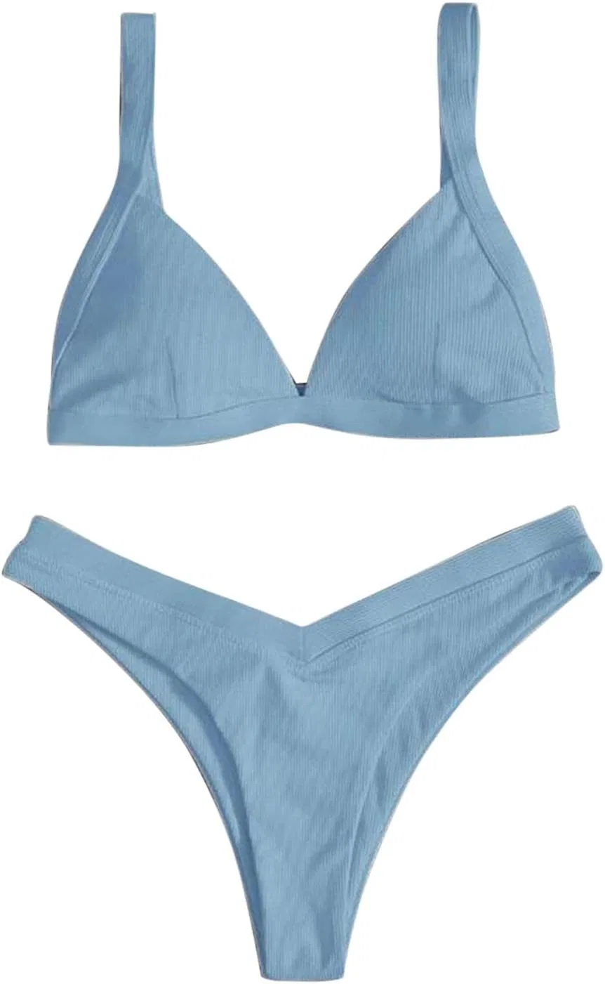 Женский бикини-сет с V-образным вырезом и рифленой тканью Generic, Light Blue