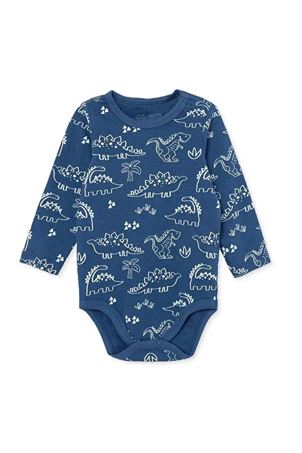 Детское боди для мальчиков с принтом Dinosaur Printed Snap Collar Long Sleeve Ebebek Hello Baby, Dark Blue