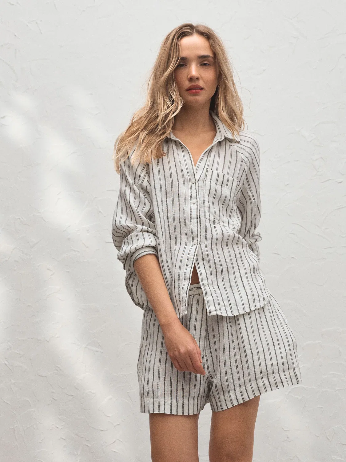 Рубашка из льна, в полоску, модель Stripe Next, кремово-коричневая