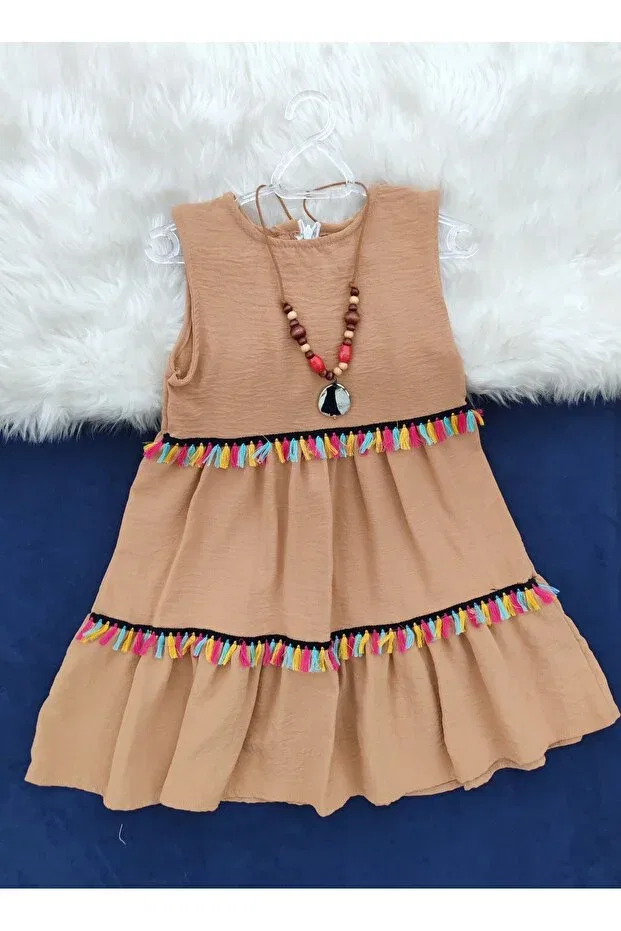 Детское платье из крепа для девочек с V-образным вырезом Beray Bebe, Beige
