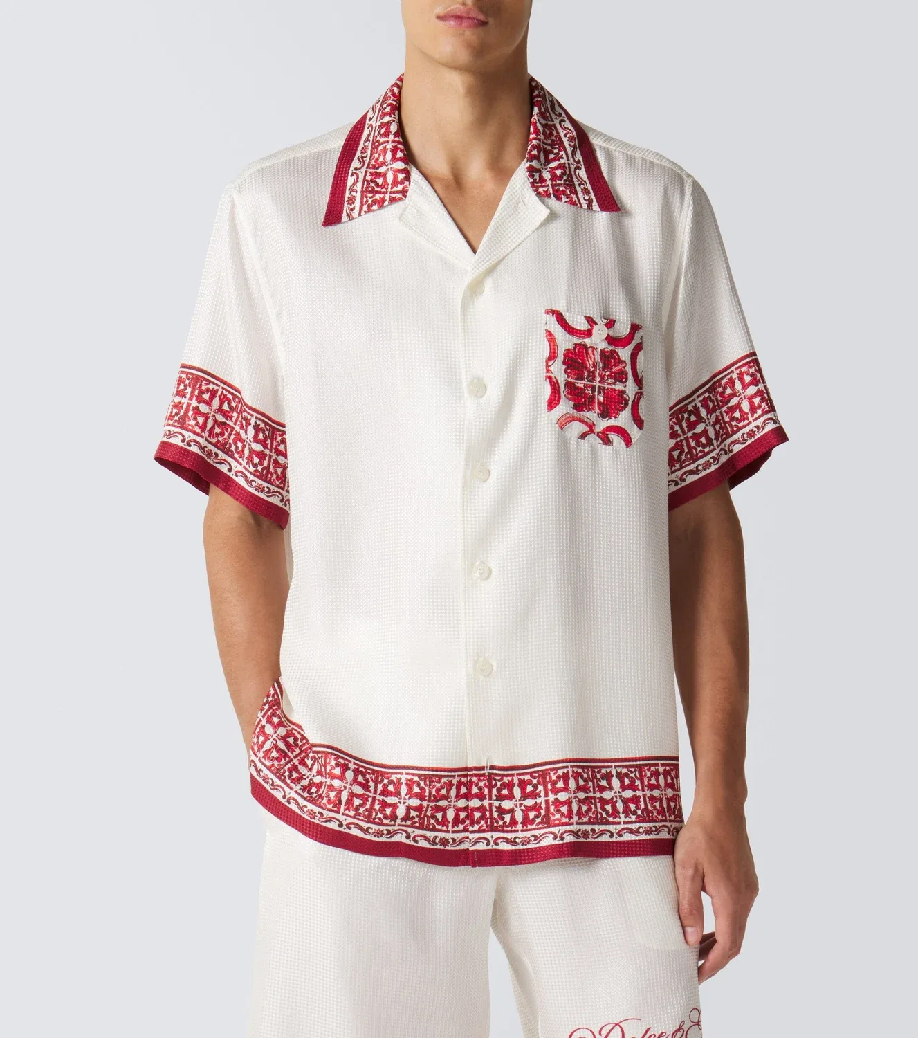 Шелковая жаккардовая рубашка с майоликой Dolce & Gabbana, белый — фото 3
