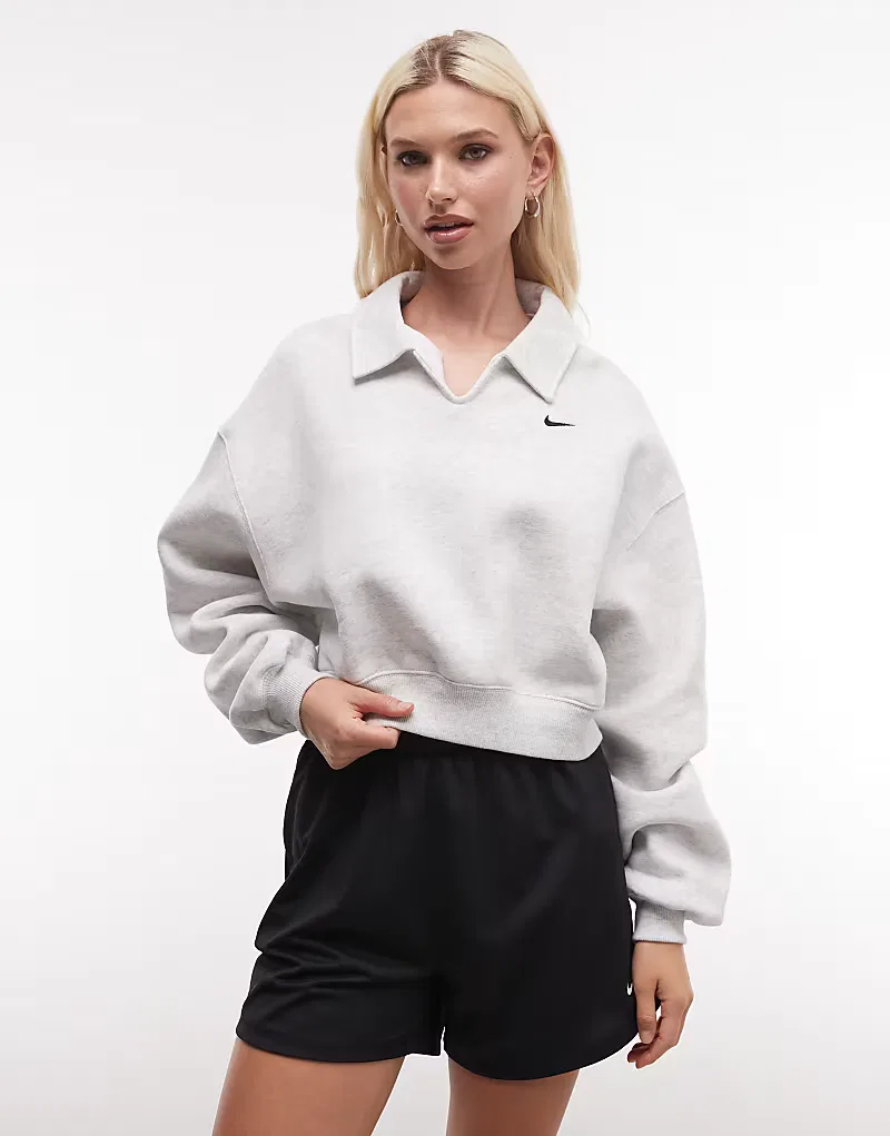 Укороченная флисовая рубашка-поло Nike Studio Fleece Oversized, серый — фото 2