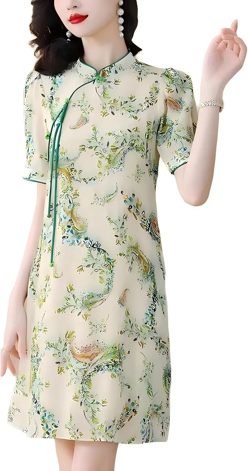 Женское платье-ципао с принтом, модели Cheongsam, Beige With Green Floral Print