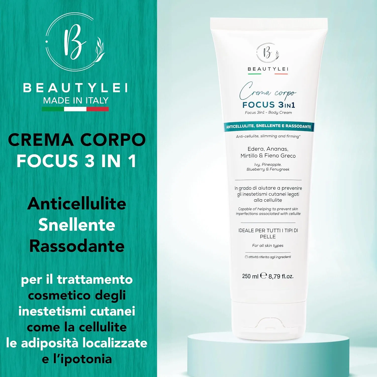 3-в-1 Антицеллюлитный крем для тела BEAUTYLEI с плющом, ананасом, черникой, пажитником, кофеином, моделирующим комплексом, морским фенхелем, произведено в Италии — фото 2