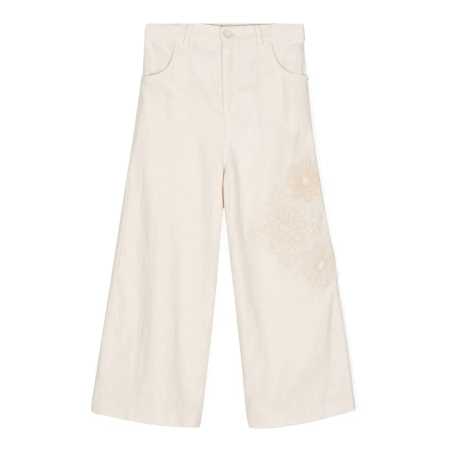 Брюки хлопковые с цветочной аппликацией Kids Halliday Floral-Applique Zimmermann, Ecru