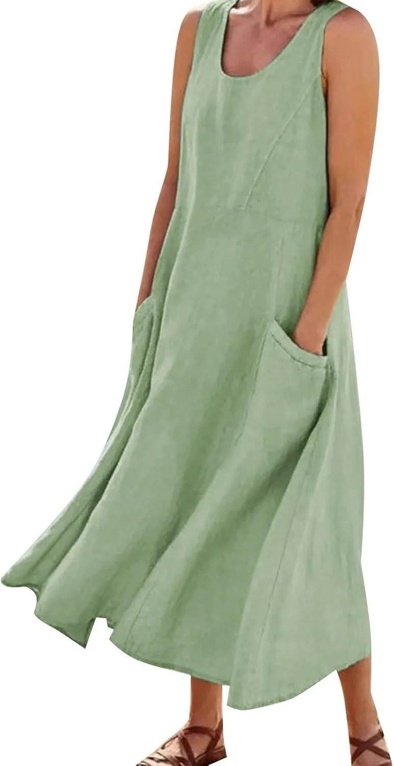 Женское летнее платье макси из хлопка и льна с карманами, Mint Green