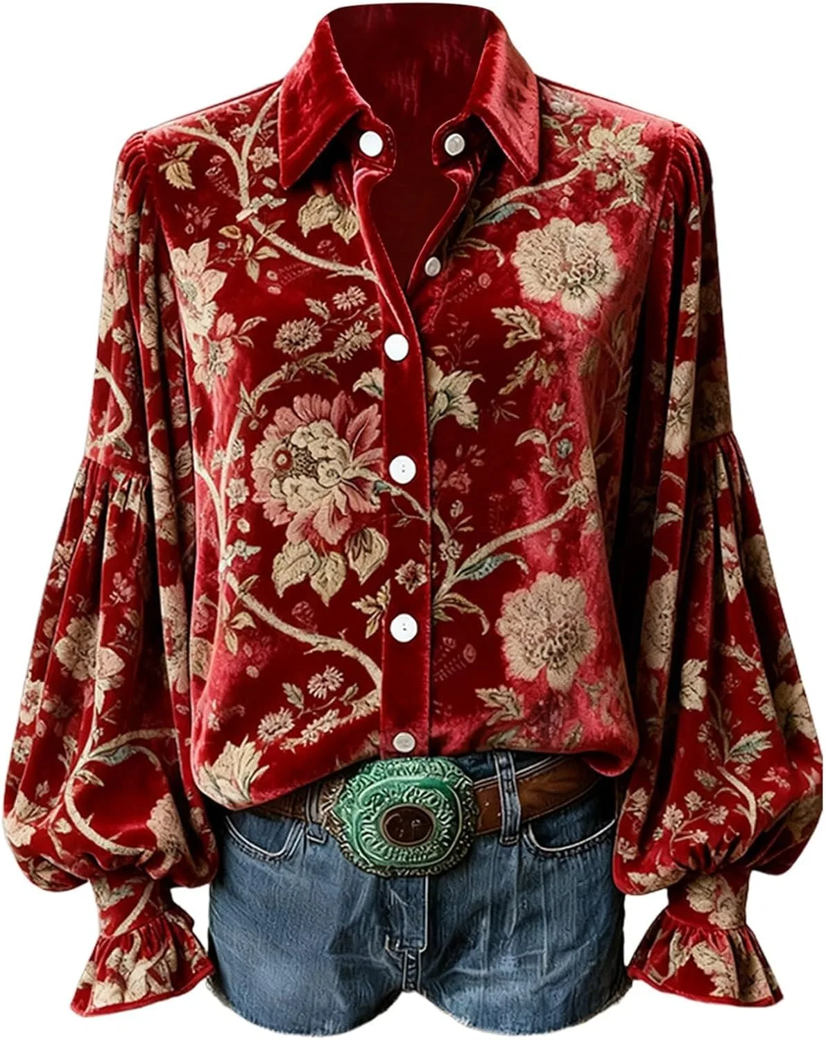 Женская блуза с цветочной вышивкой Blouses For Women Trendy Spring Top Vintage Flower Embroidery Printing Ruffled Button Boho Holiday Elegantes Outfit 2026, красный