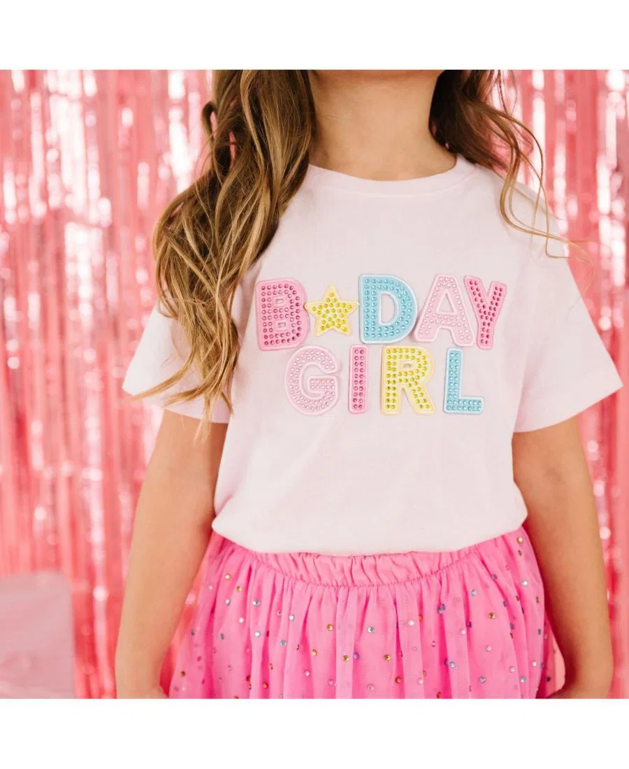 Футболка с коротким рукавом и пайетками Birthday Girl Rhinestone Patch Sweet Wink, Ballet Pink — фото 2