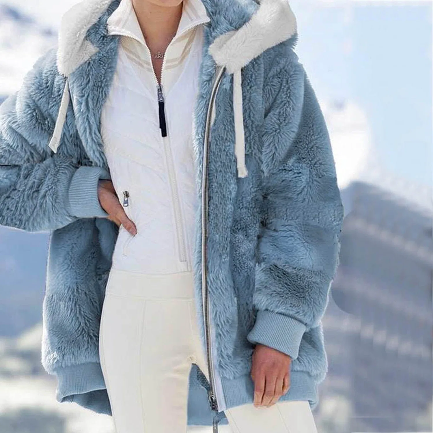 Женское зимнее пальто на флисовой подкладке с zip и капюшоном, Blue-C — фото 4