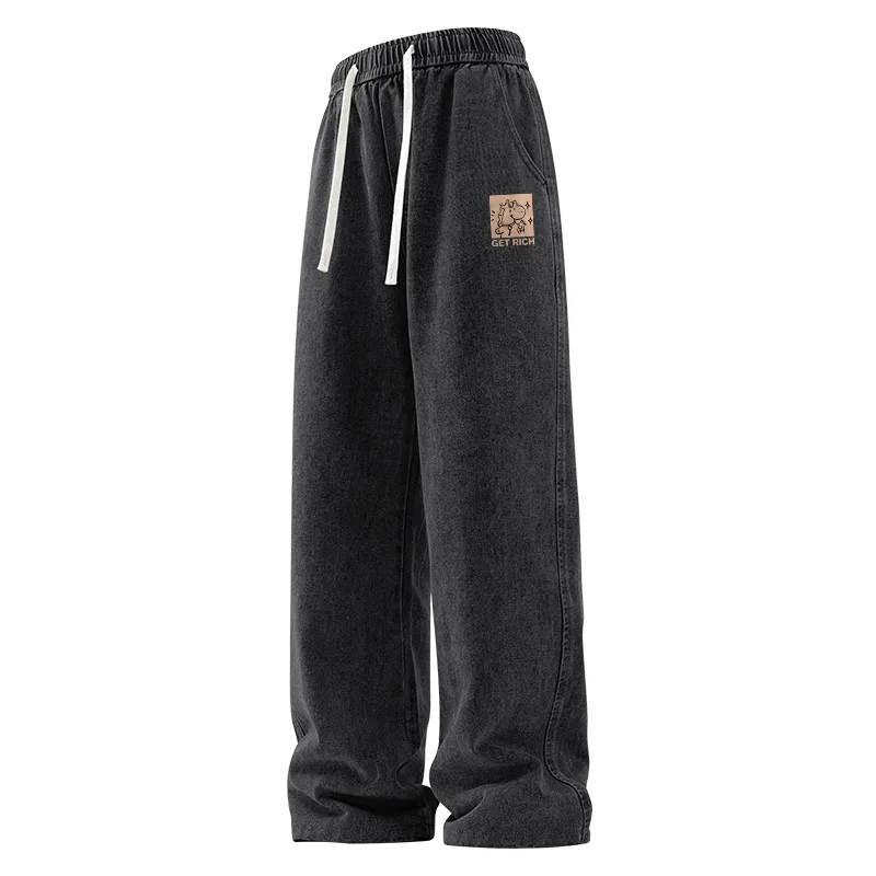 Детские джинсы прямого кроя Wealth and Prosperity Pants Logo MINISO, Classic Washed Cotton-Soft Skin-Friendly Black Gray