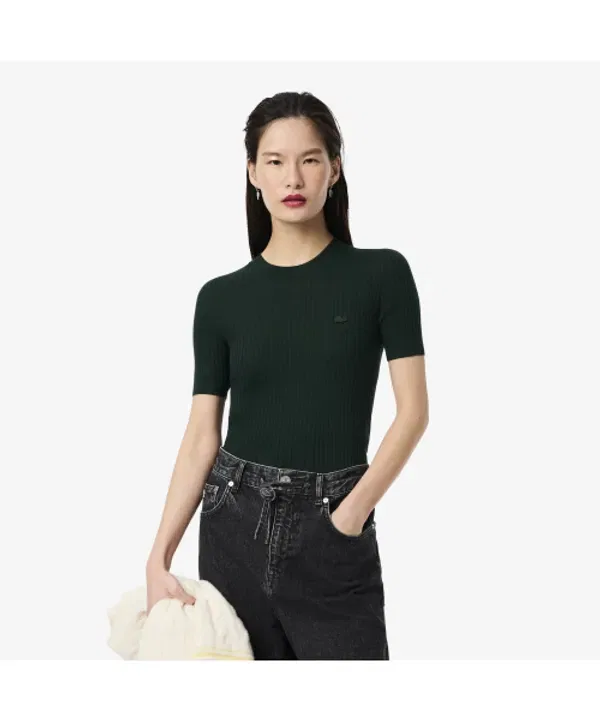 Свитер женский Lacoste из мериносовой шерсти, короткий рукав, бежевый