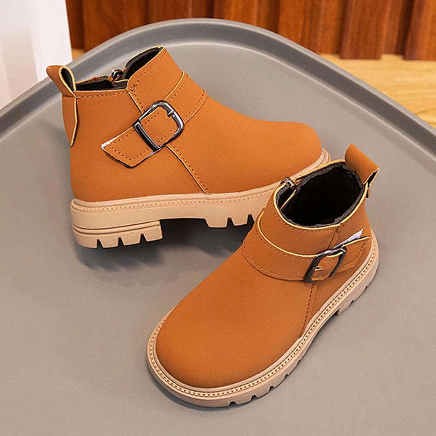 Детские зимние ботинки для девочек и мальчиков с боковой молнией SHOPESSA, Khaki — фото 4