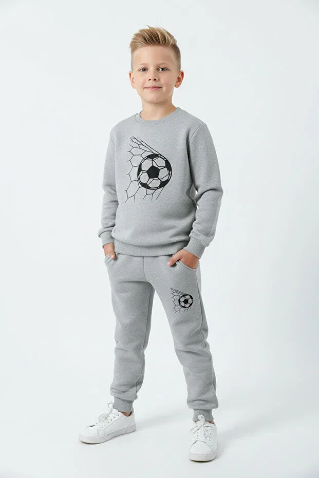 Детский спортивный костюм для мальчиков с принтом 3 thread thick sh fleece-lined crew neck print detailed 6 piece boys tracksuit set Ya Ko Kids, Gray-Black-Navy Blue — фото 3