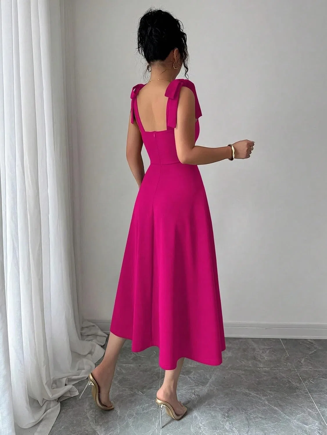 Женское элегантное платье миди с высокой талией Hot Pink — фото 2
