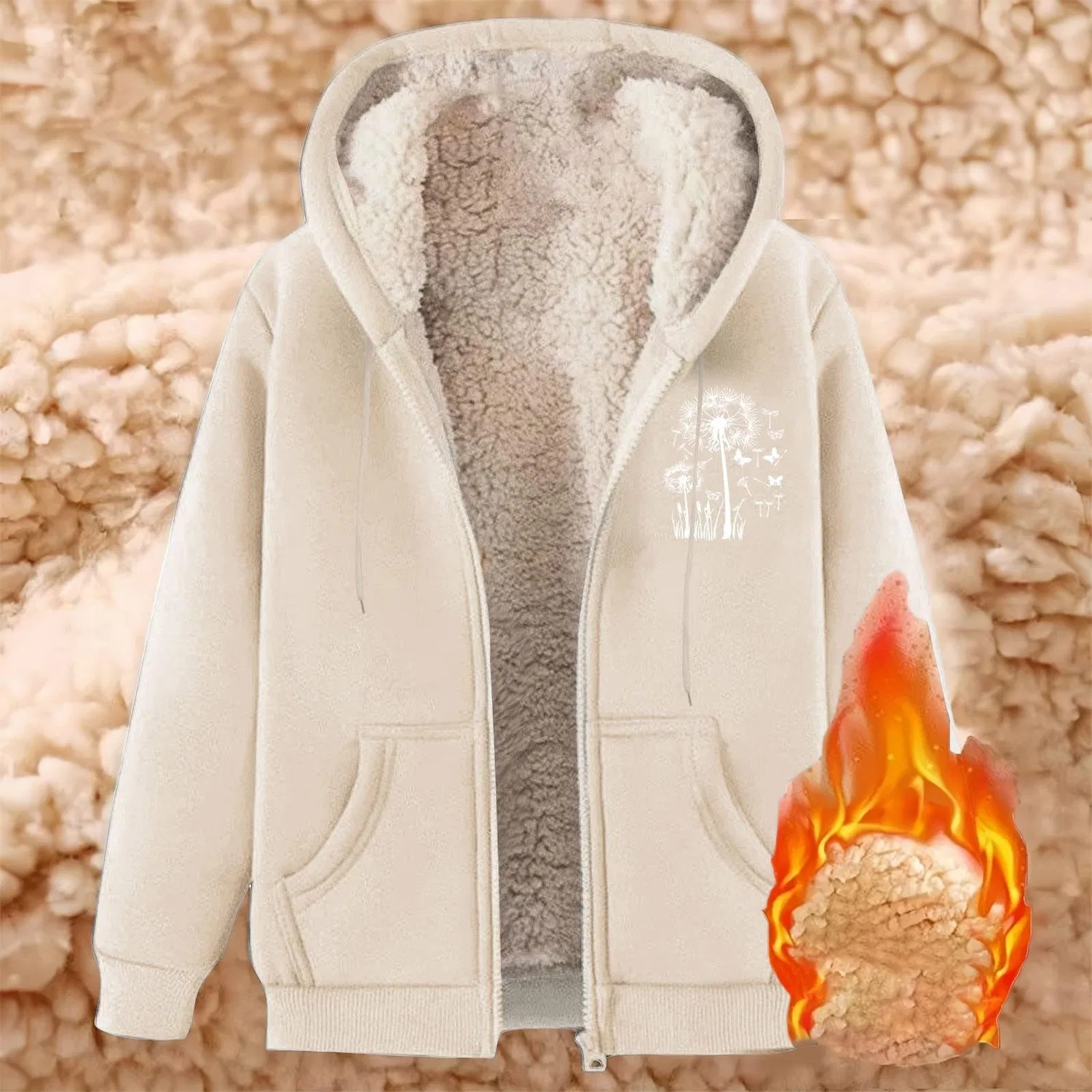 Женское зимнее пальто с капюшоном и карманами на молнии, Beige — фото 2